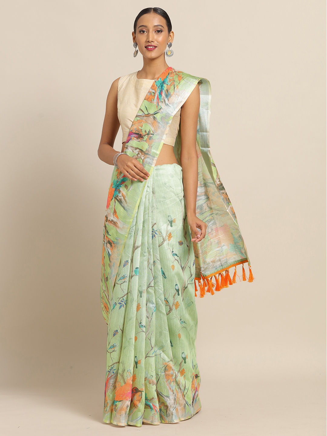 

VASTRANAND Lime Green & Orange Linen Blend Printed Saree