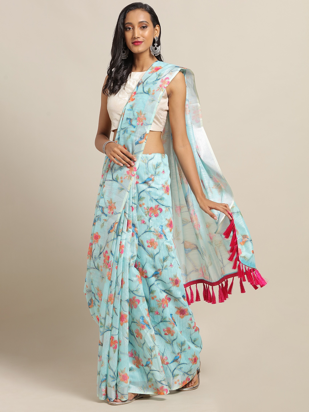 

VASTRANAND Blue & Pink Linen Blend Printed Saree with Tassels