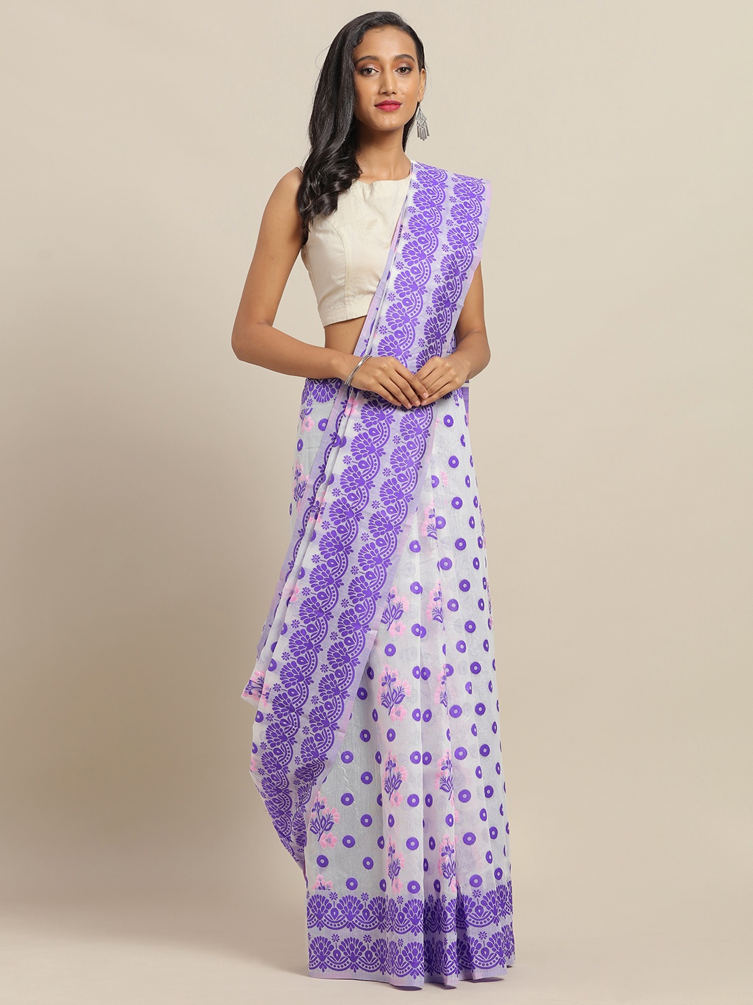 

VASTRANAND White & Purple Silk Cotton Woven Design Jamdani Saree