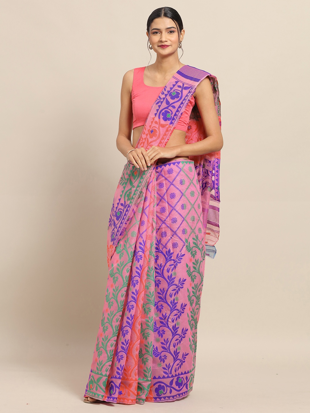 

VASTRANAND Pink & Purple Silk Cotton Printed Jamdani Saree