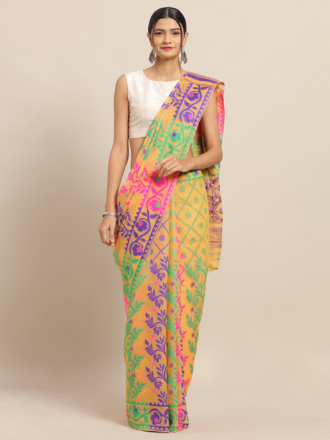 

VASTRANAND Orange & Green Silk Cotton Woven Design Jamdani Saree