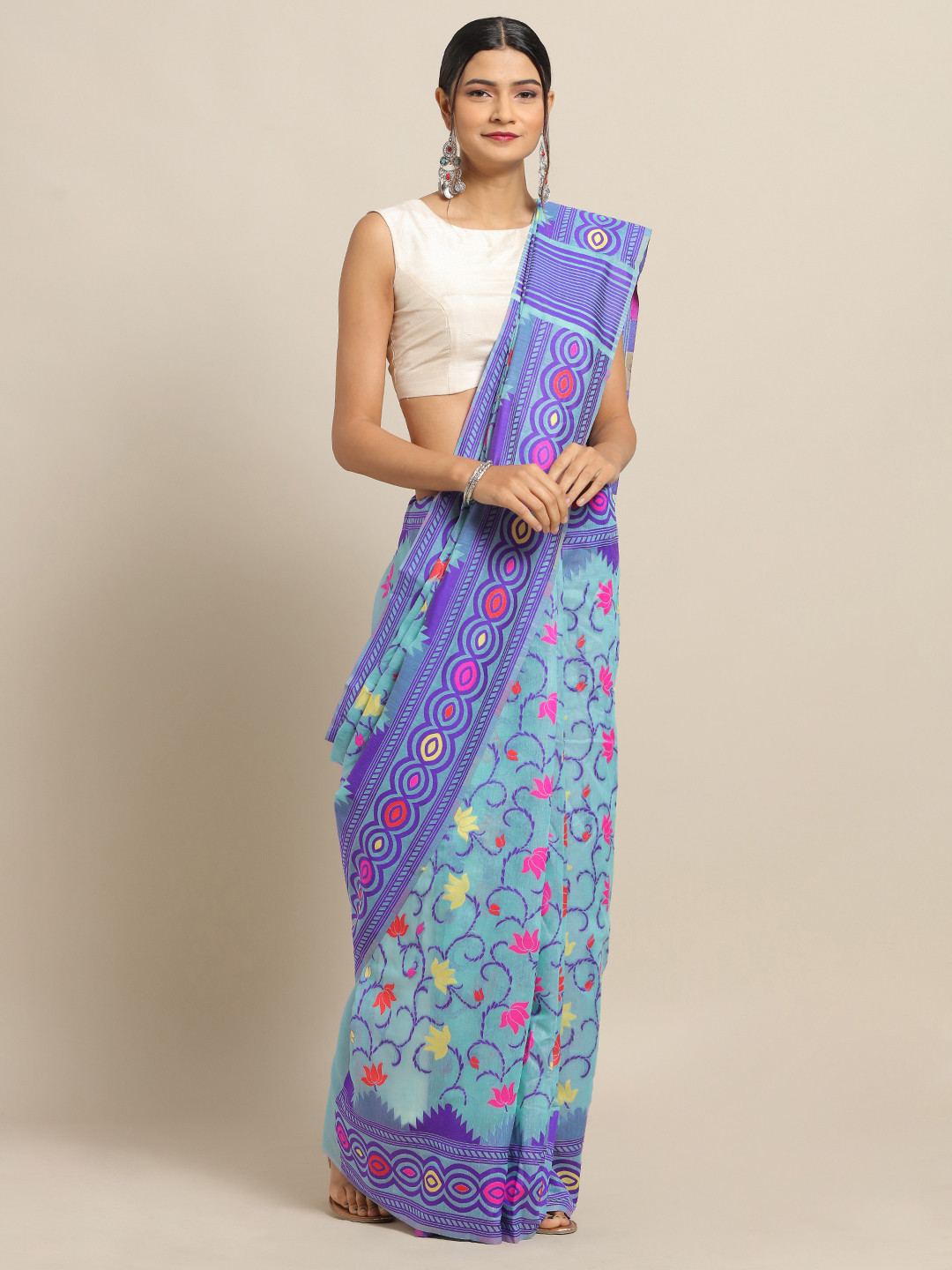 

VASTRANAND Blue & Pink Silk Cotton Woven Design Jamdani Saree
