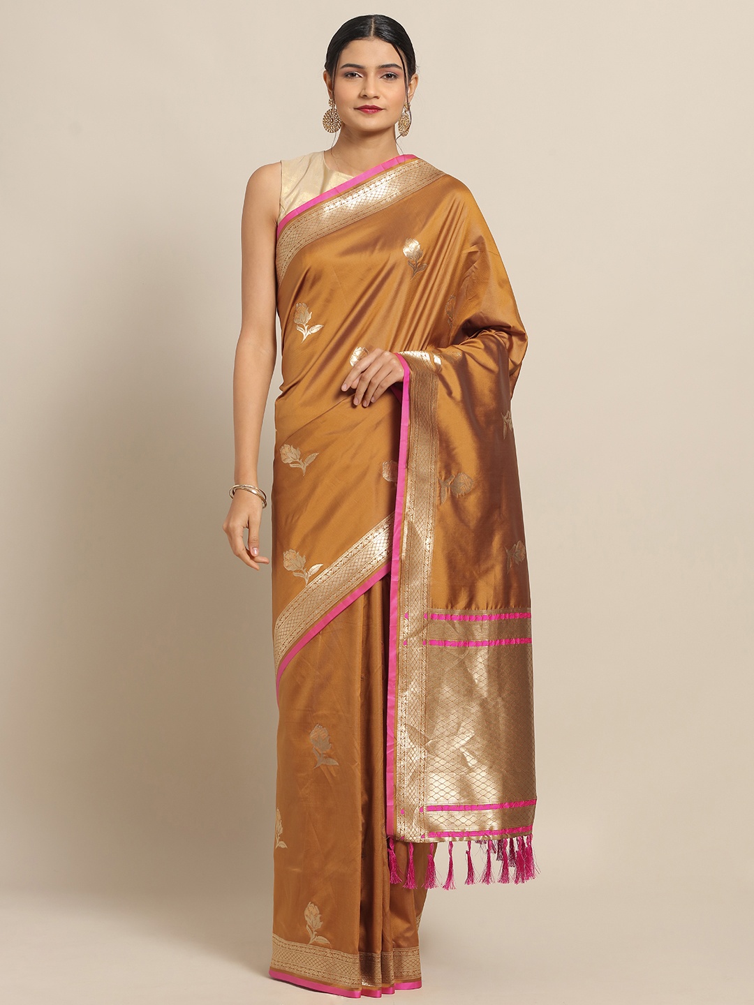 

VASTRANAND Mustard Yellow & Pink Silk Blend Woven Design Banarasi Saree