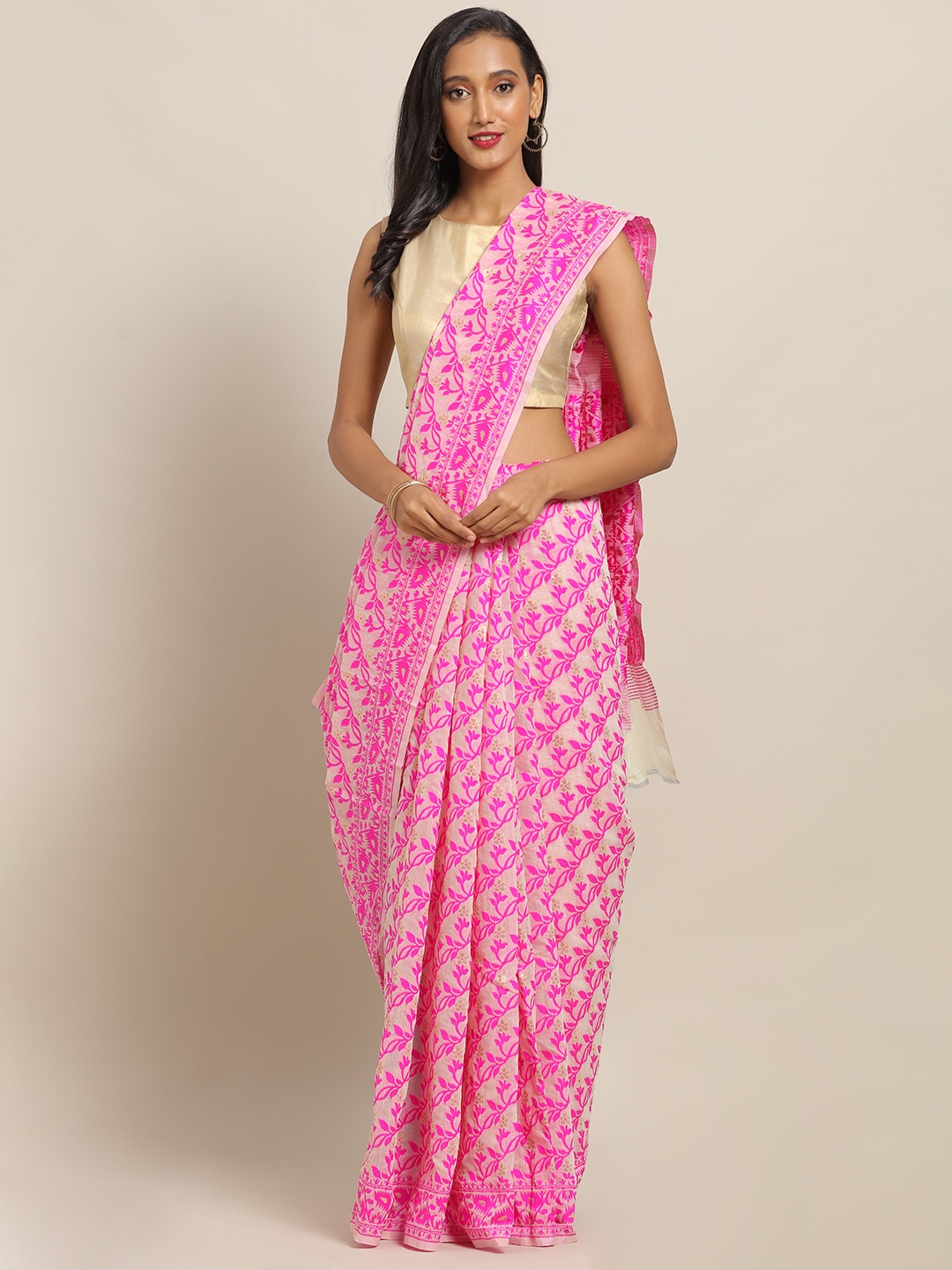 

VASTRANAND Pink & Off-White Silk Cotton Woven Design Jamdani Saree