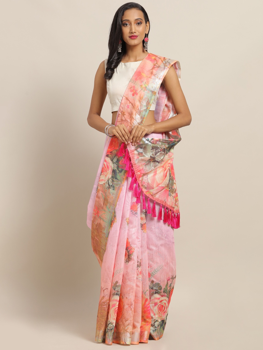 

VASTRANAND Pink & Green Linen Blend Digital Floral Printed Khadi Saree