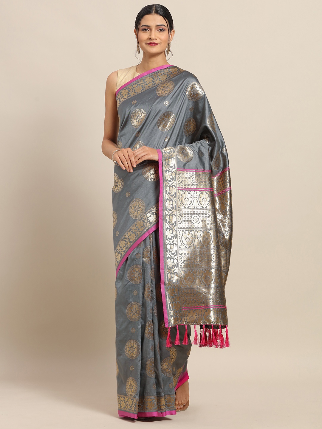 

VASTRANAND Grey & Gold-Toned Silk Blend Woven Design Banarasi Saree