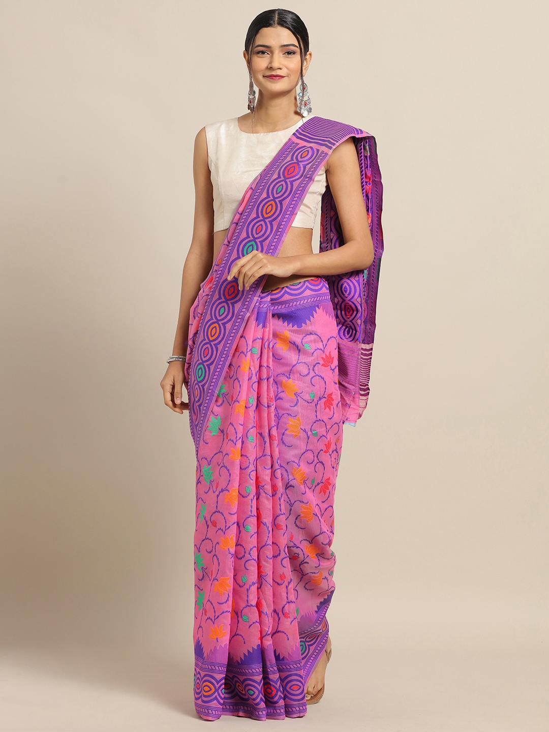 

VASTRANAND Pink & Purple Silk Cotton Woven Design Jamdani Saree