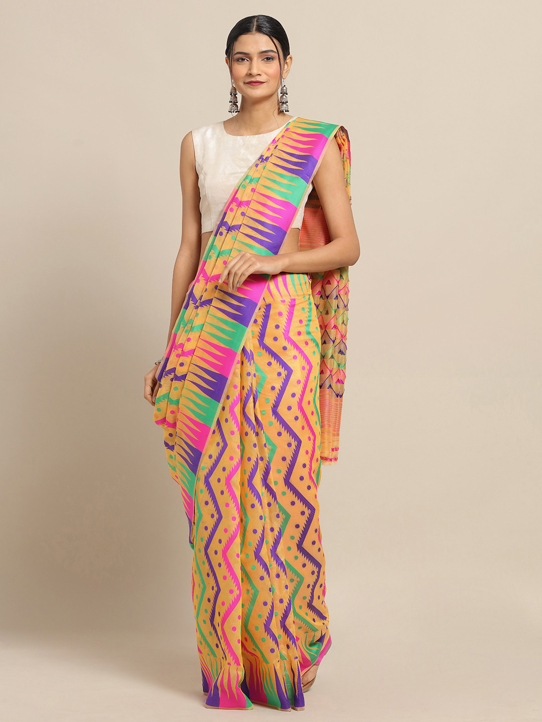 

VASTRANAND Orange & Purple Silk Cotton Printed Jamdani Saree