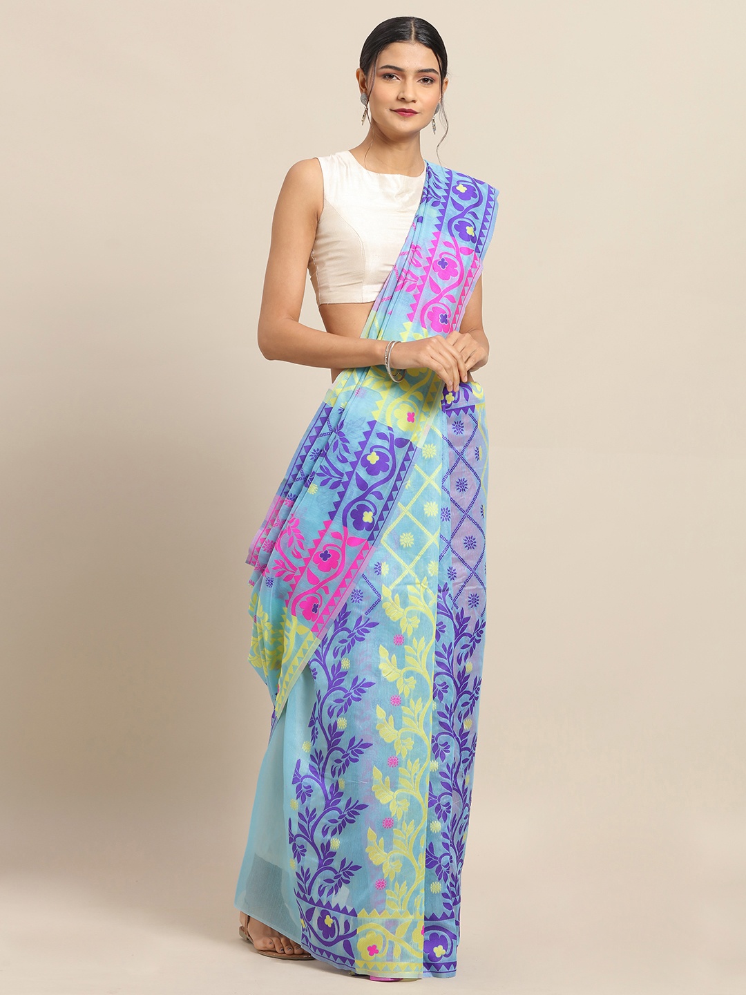 

VASTRANAND Blue & Purple Silk Cotton Printed Jamdani Saree