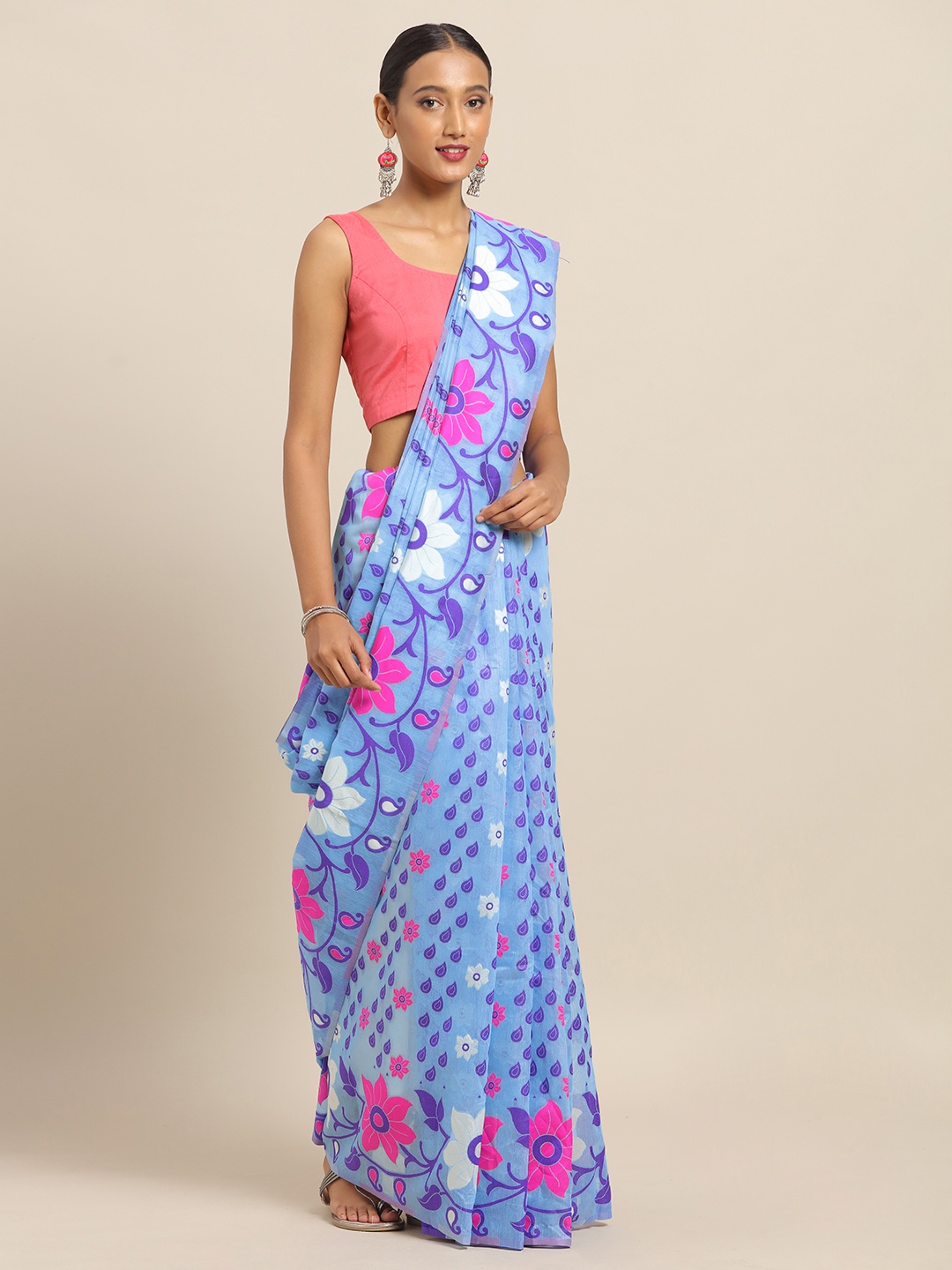 

VASTRANAND Blue & Pink Silk Cotton Woven Design Jamdani Saree