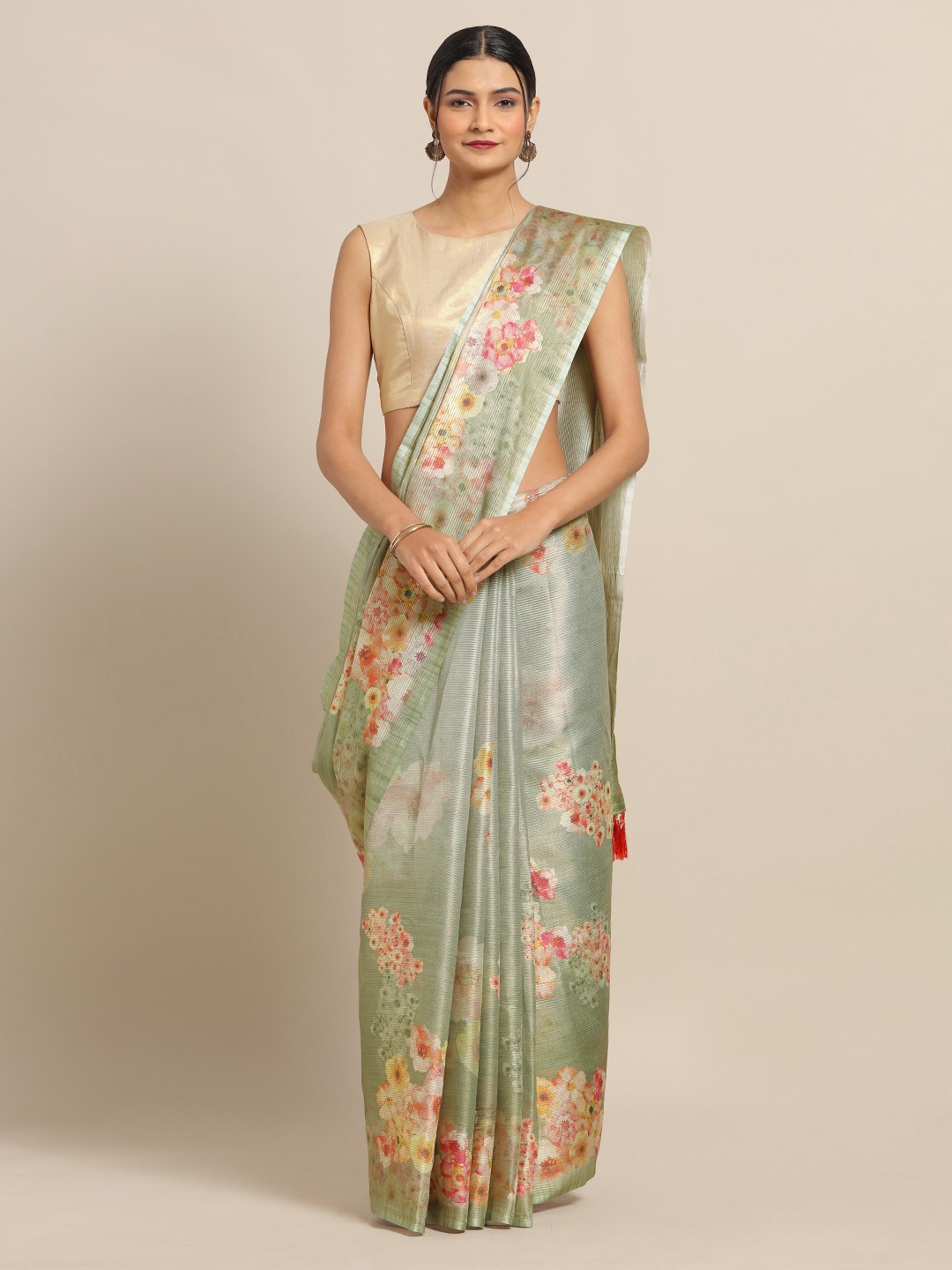 

VASTRANAND Olive Green & Pink Art Silk Floral Printed Maheshwari Saree