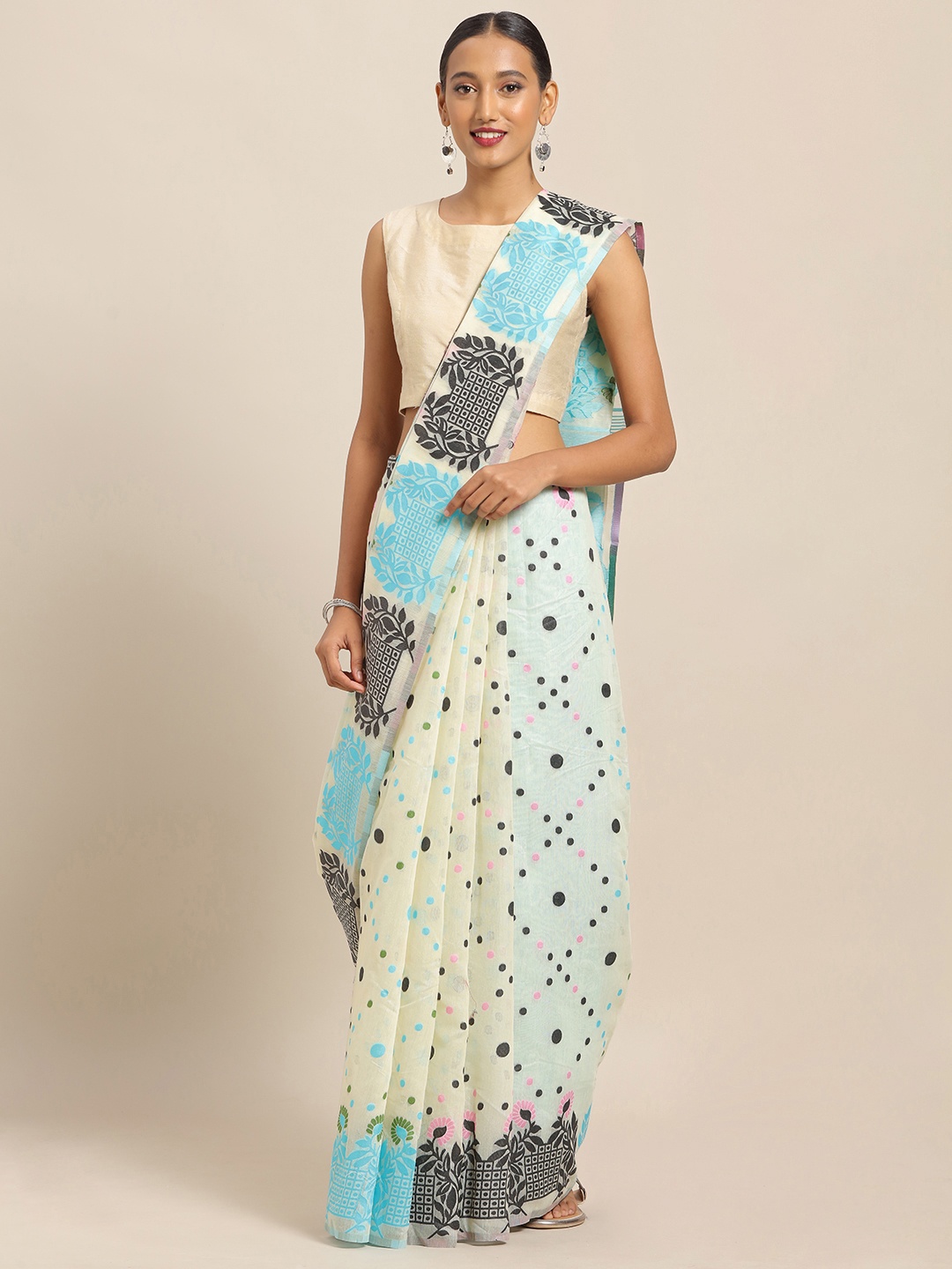 

VASTRANAND White & Blue Silk Cotton Printed Jamdani Saree