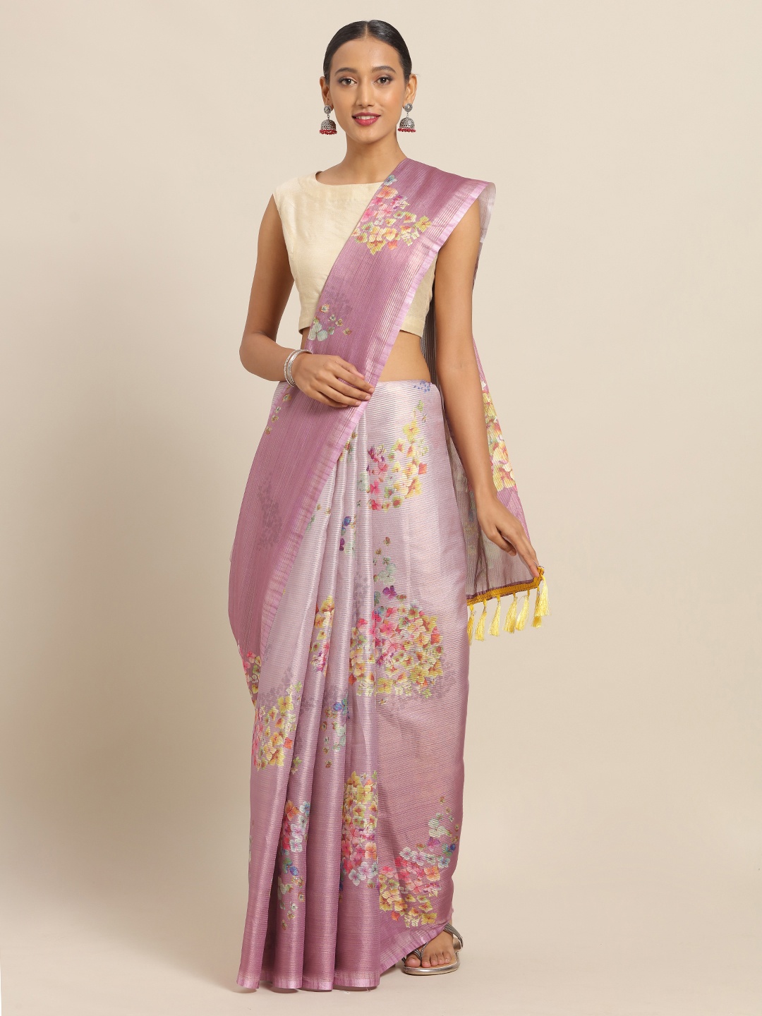 

VASTRANAND Lavender & Pink Art Silk Printed Maheshwari Saree