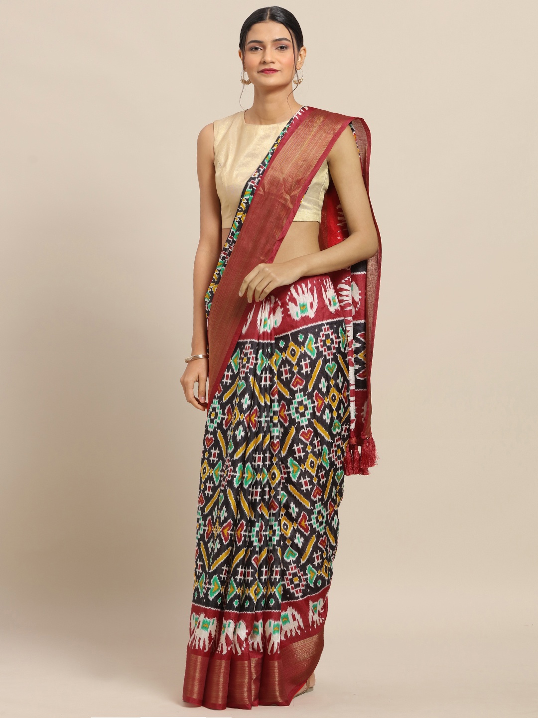 

VASTRANAND Black & Maroon Cotton Blend Ethnic Printed Pochampally Saree