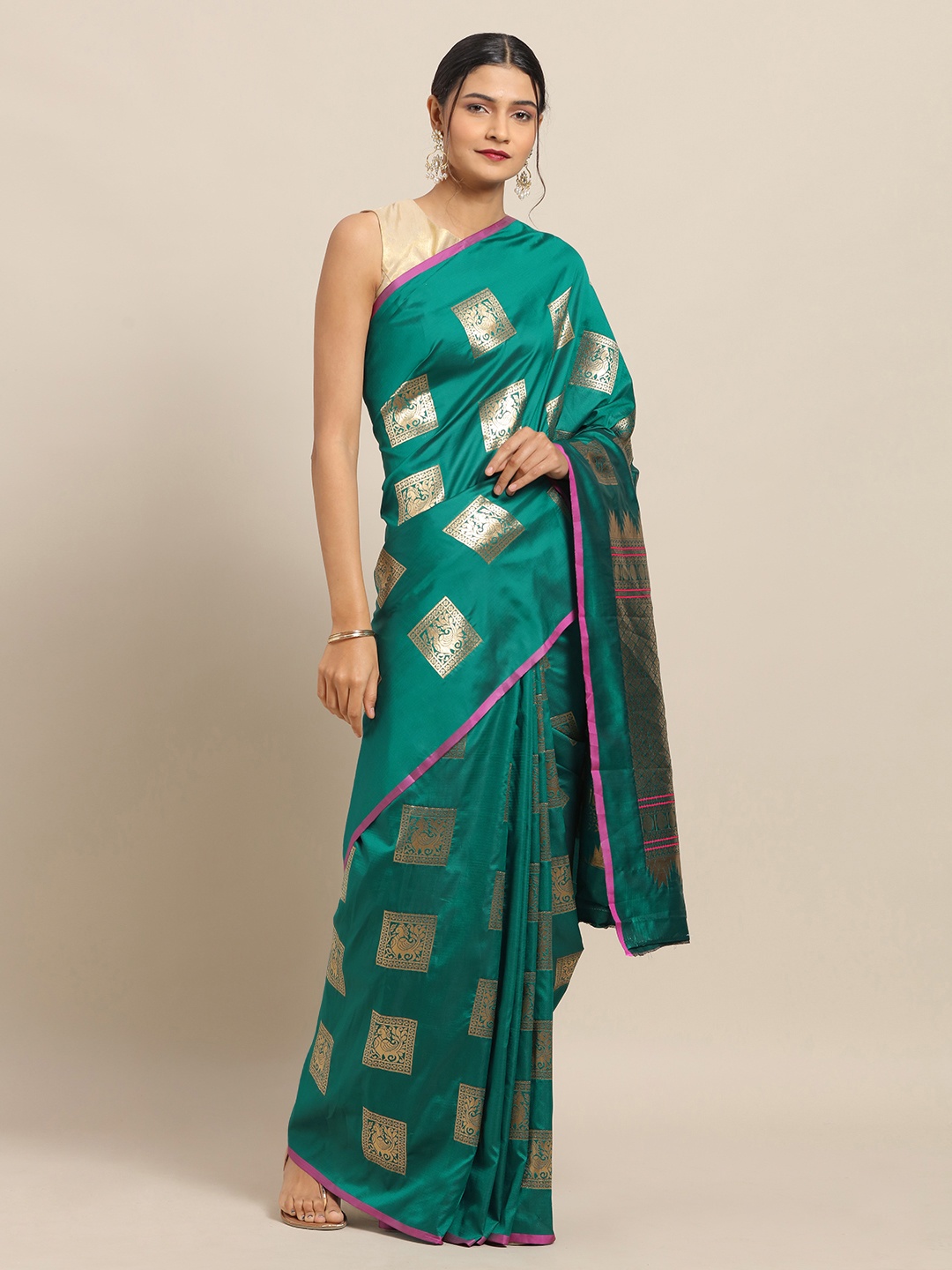 

VASTRANAND Green Silk Blend Woven Design Banarasi Saree