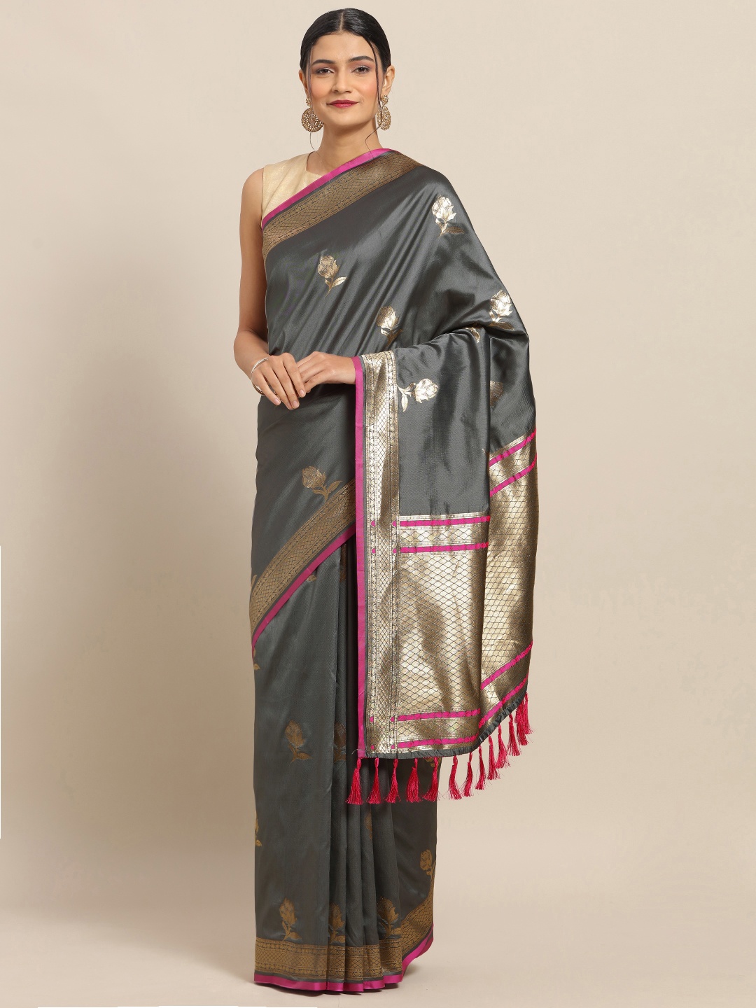 VASTRANAND Grey & Pink Silk Blend Woven Design Banarasi Saree