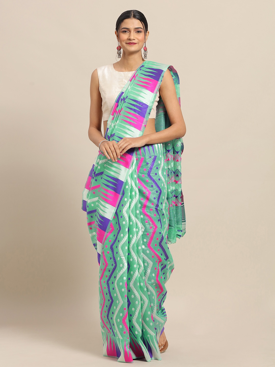 

VASTRANAND Teal & Purple Silk Cotton Printed Jamdani Saree