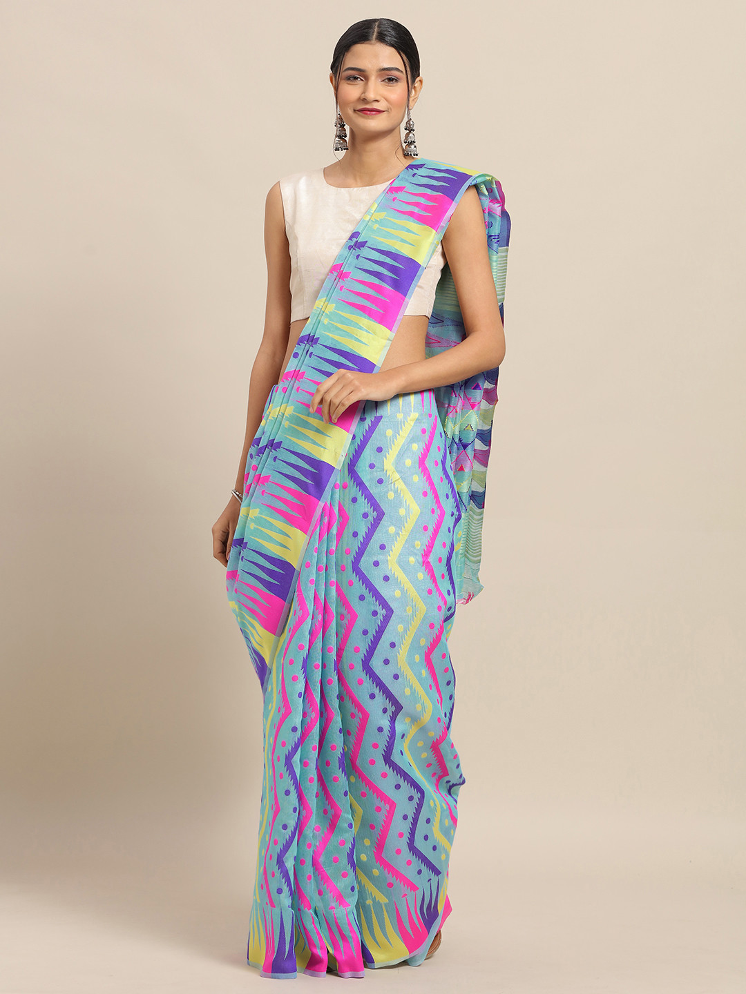 

VASTRANAND Blue & Purple Silk Cotton Printed Jamdani Saree