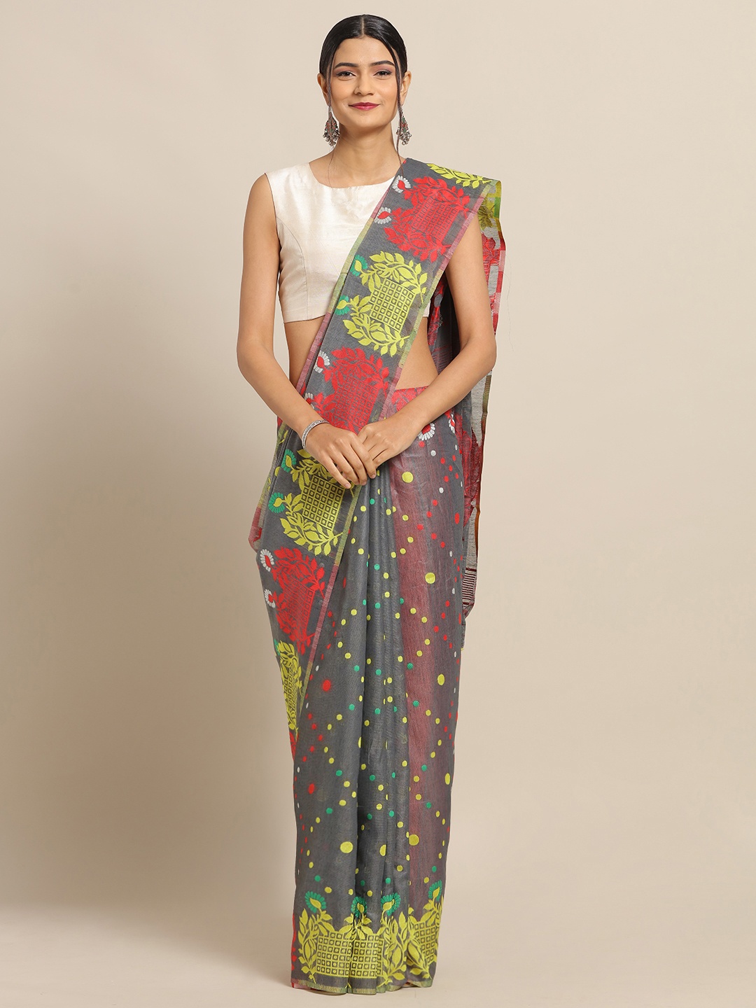

VASTRANAND Grey & Red Silk Cotton Woven Design Jamdani Saree