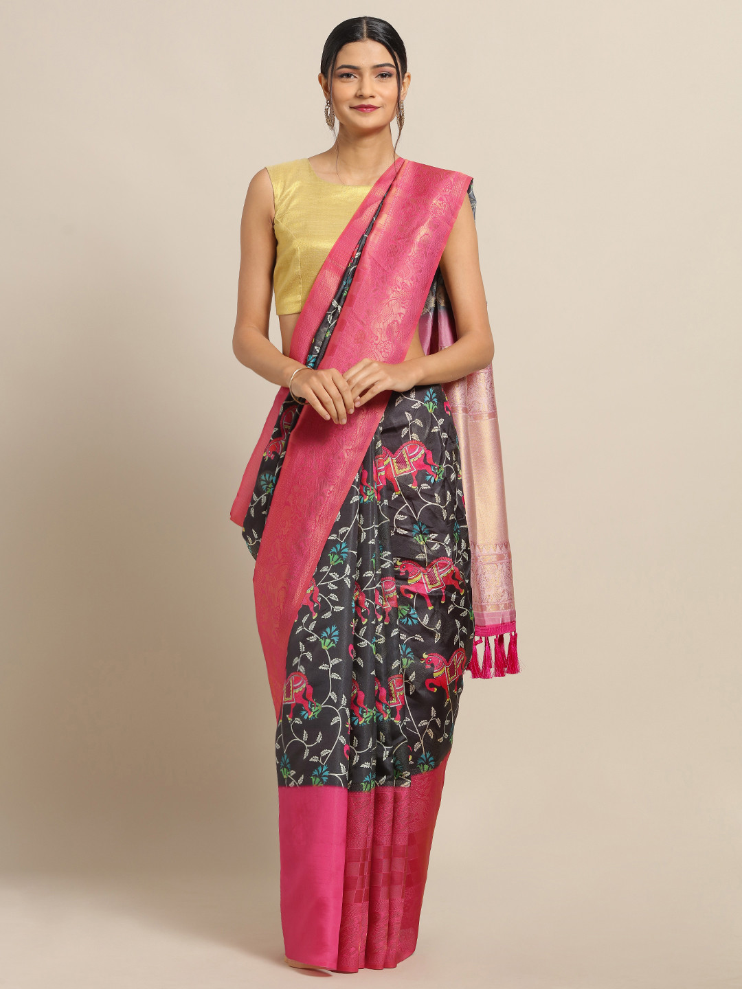 

VASTRANAND Black & Pink Silk Blend Printed Baluchari Saree