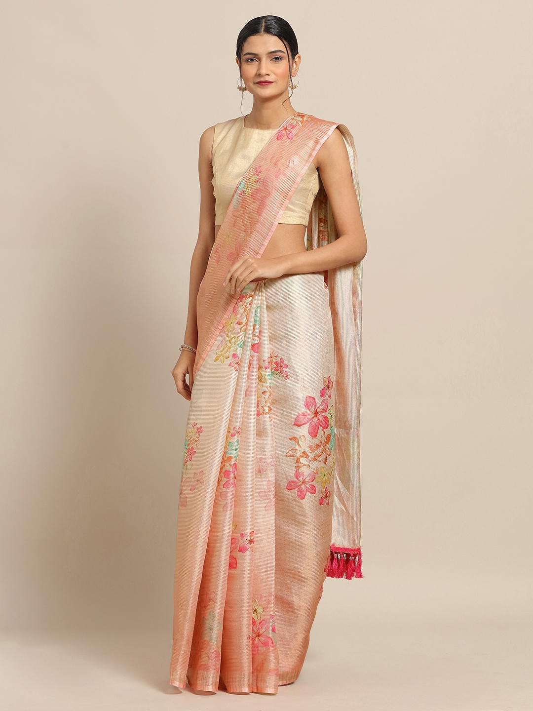 VASTRANAND Peach-Coloured Art Silk Floral Printed Maheshwari Saree