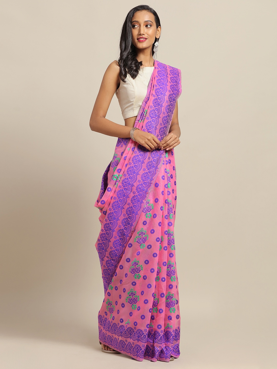 

VASTRANAND Pink & Purple Silk Cotton Woven Design Jamdani Saree