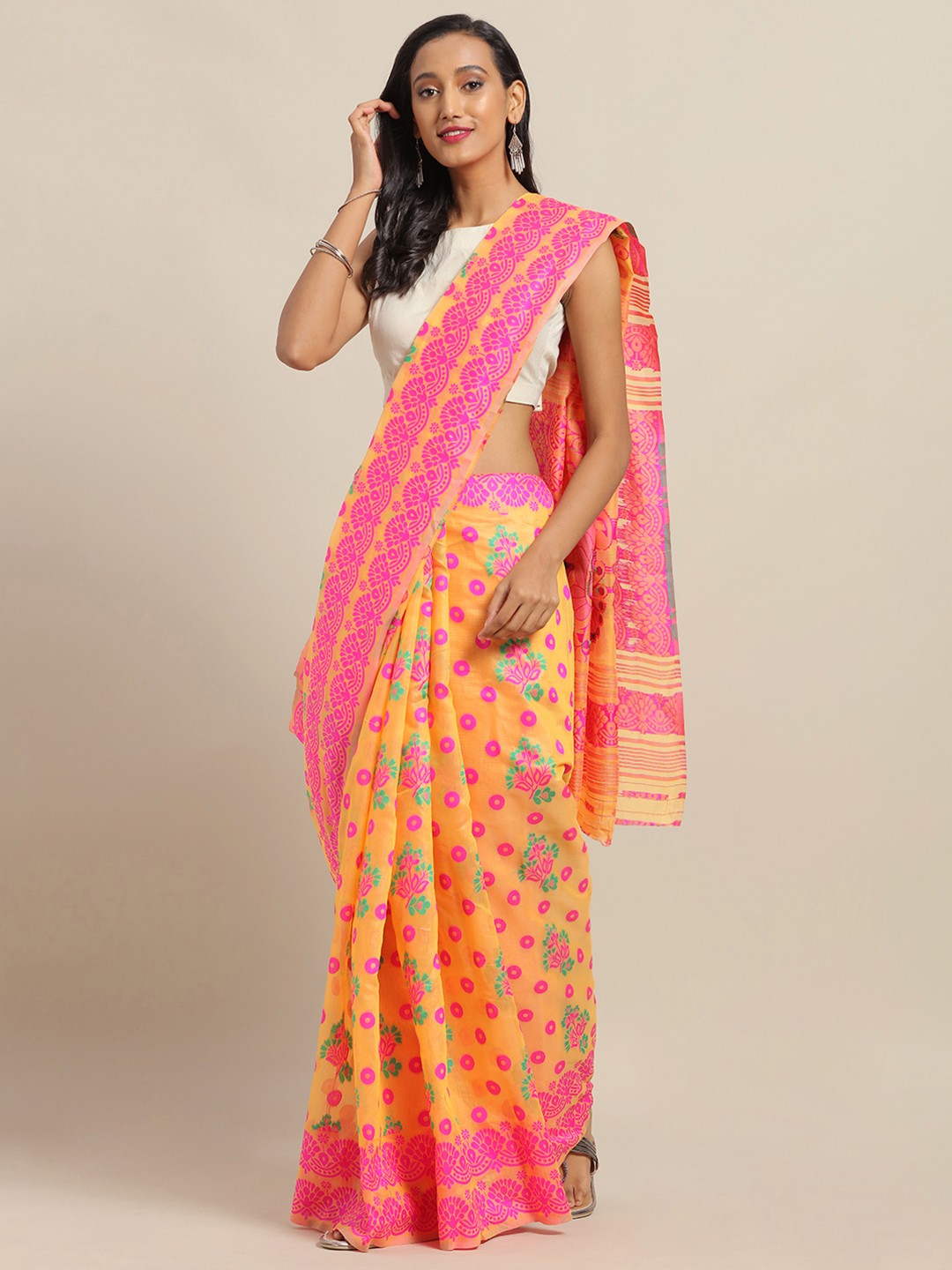 

VASTRANAND Orange & Pink Silk Cotton Woven Design Jamdani Saree