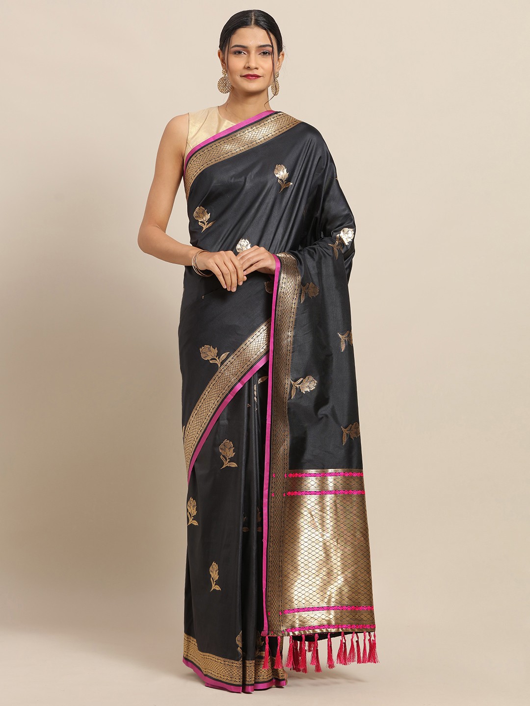 

VASTRANAND Black & Pink Silk Blend Woven Design Banarasi Saree