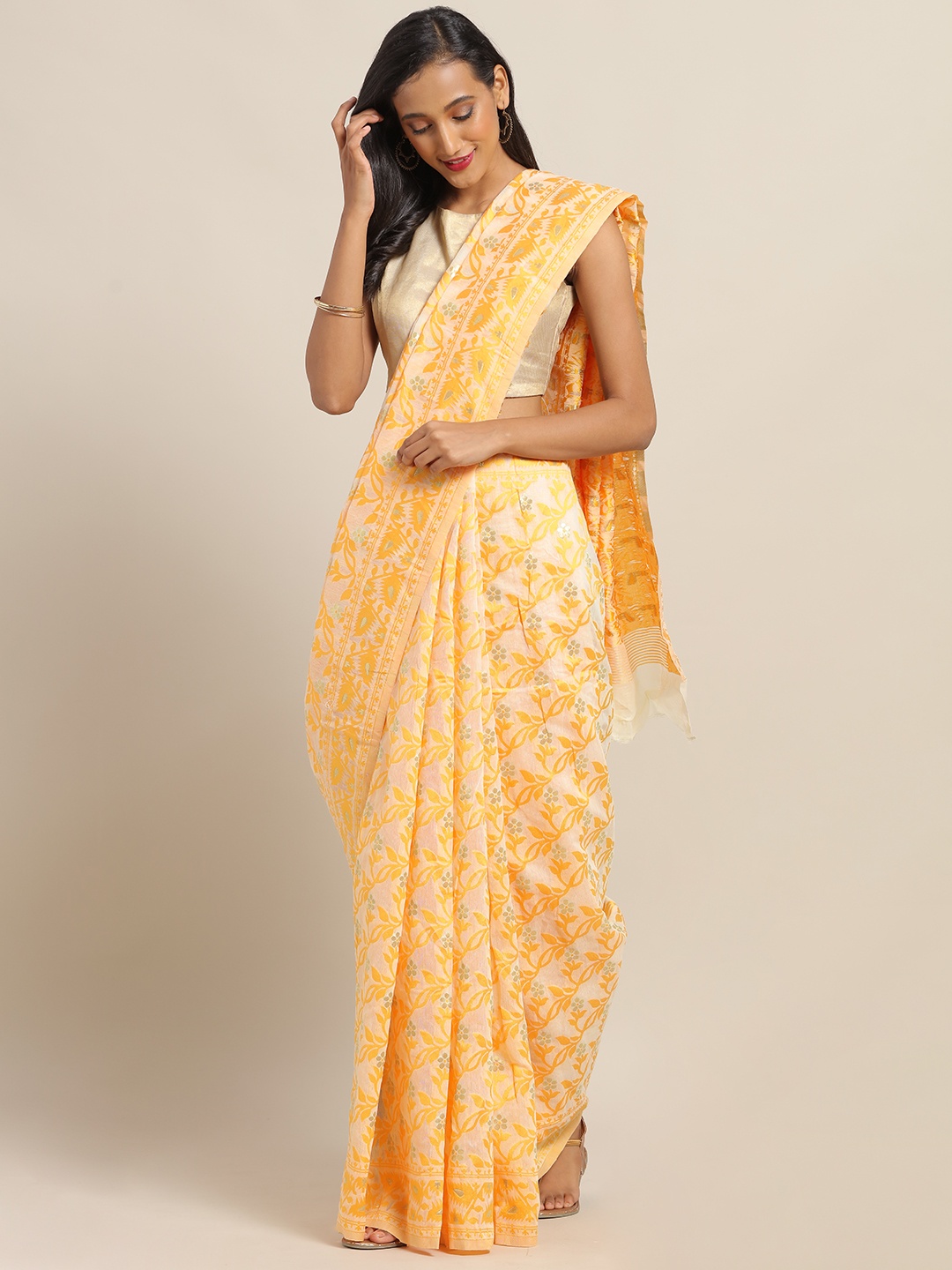 

VASTRANAND Yellow & Off-White Silk Cotton Printed Jamdani Saree