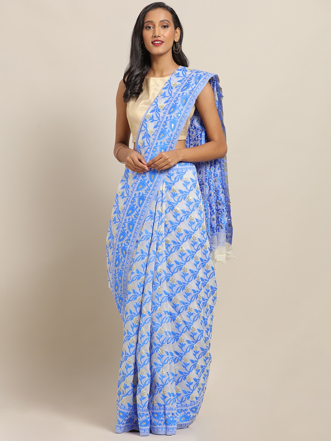 

VASTRANAND Blue & White Silk Cotton Printed Jamdani Saree