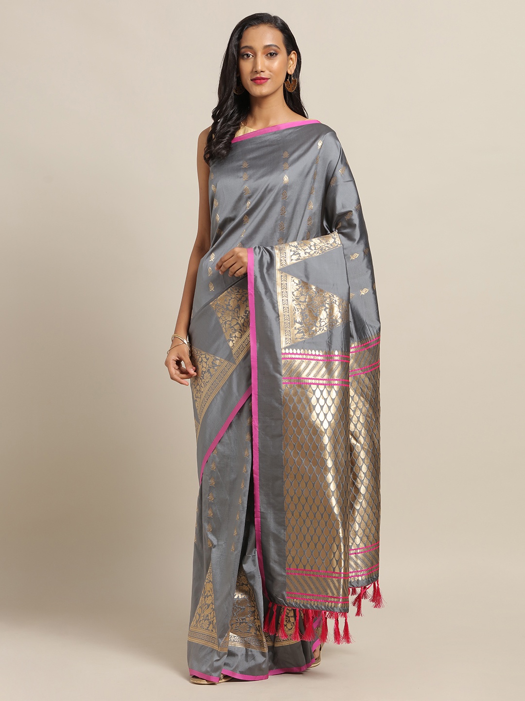 VASTRANAND Grey & Golden Silk Blend Woven Design Banarasi Saree