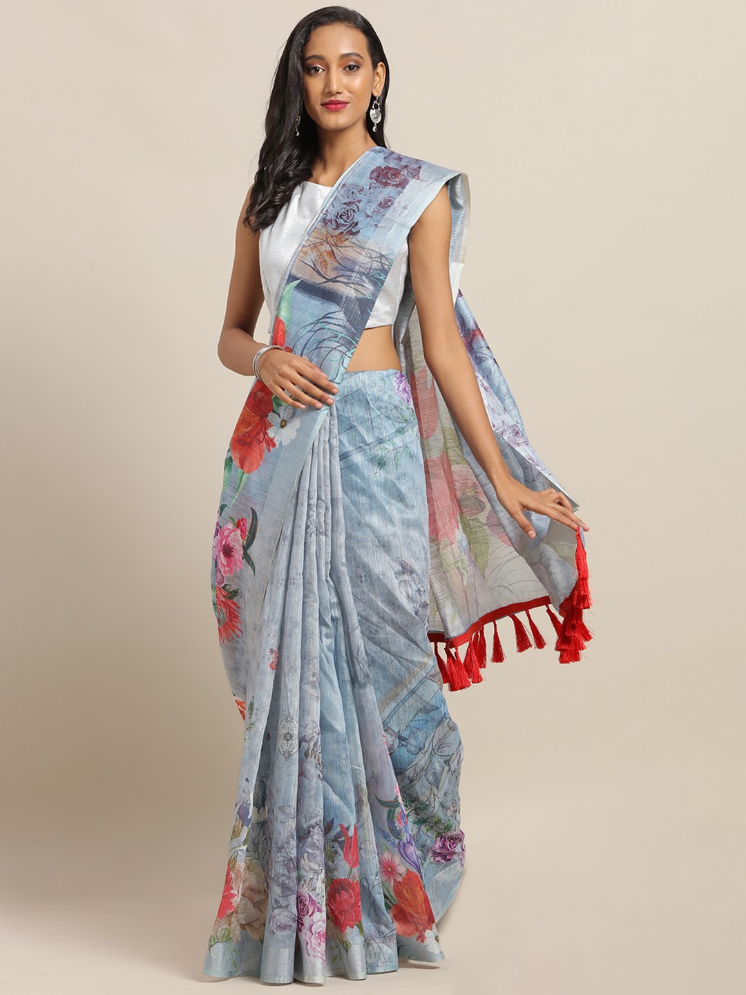 

VASTRANAND Grey & Red Linen Blend Floral Printed Khadi Saree
