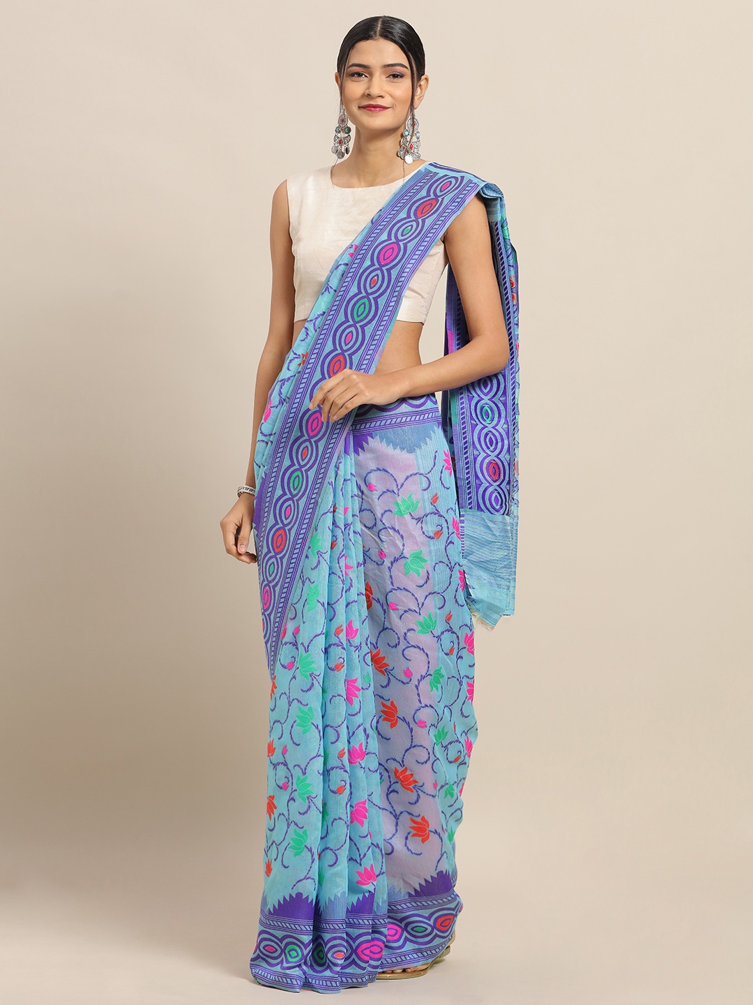 

VASTRANAND Blue & Pink Silk Cotton Woven Design Jamdani Saree