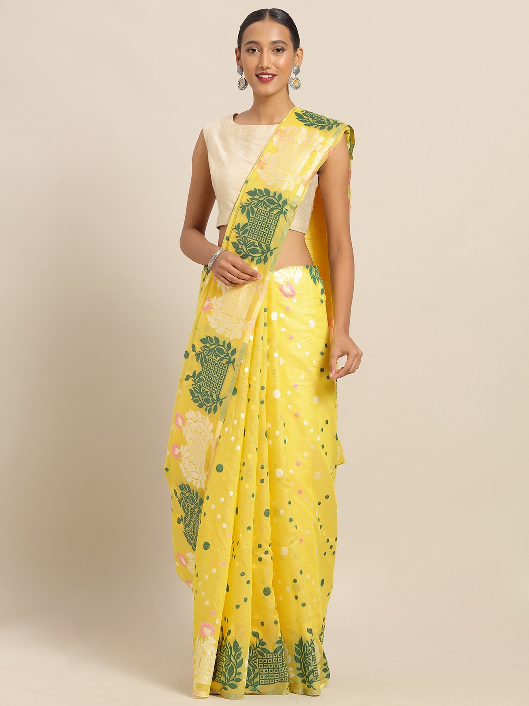 

VASTRANAND Yellow & Green Silk Cotton Printed Jamdani Saree