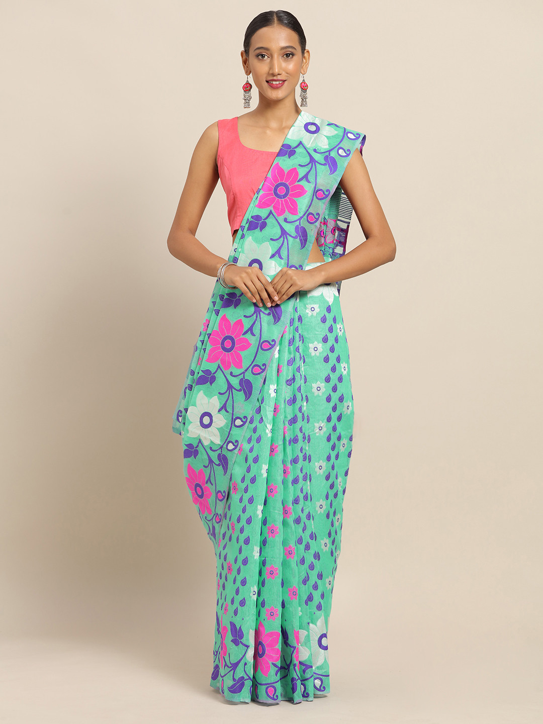 

VASTRANAND Sea Green & Purple Silk Cotton Woven Design Jamdani Saree