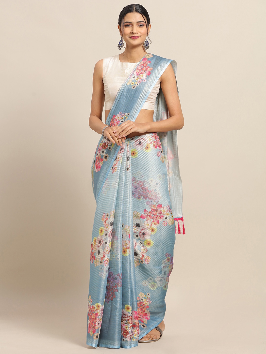 

VASTRANAND Blue & Pink Art Silk Floral Printed Maheshwari Saree