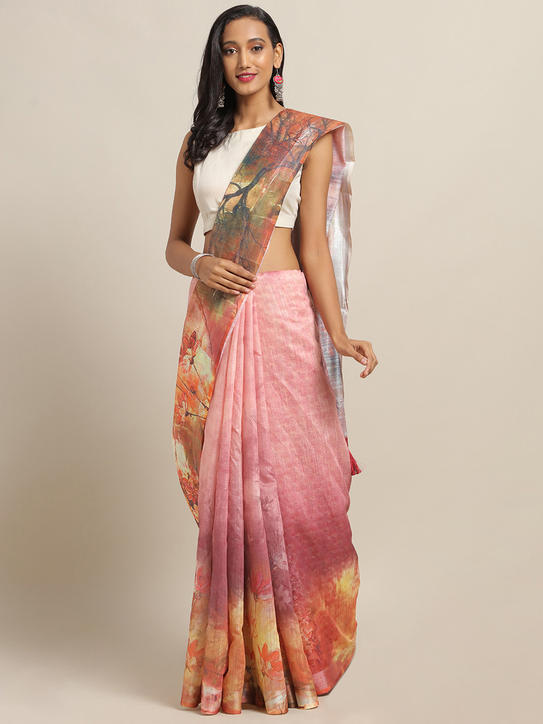 

VASTRANAND Pink & Beige Linen Blend Digital Floral Printed Khadi Saree