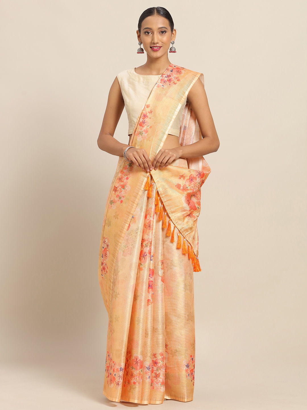 

VASTRANAND Yellow & Red Art Silk Printed Maheshwari Saree