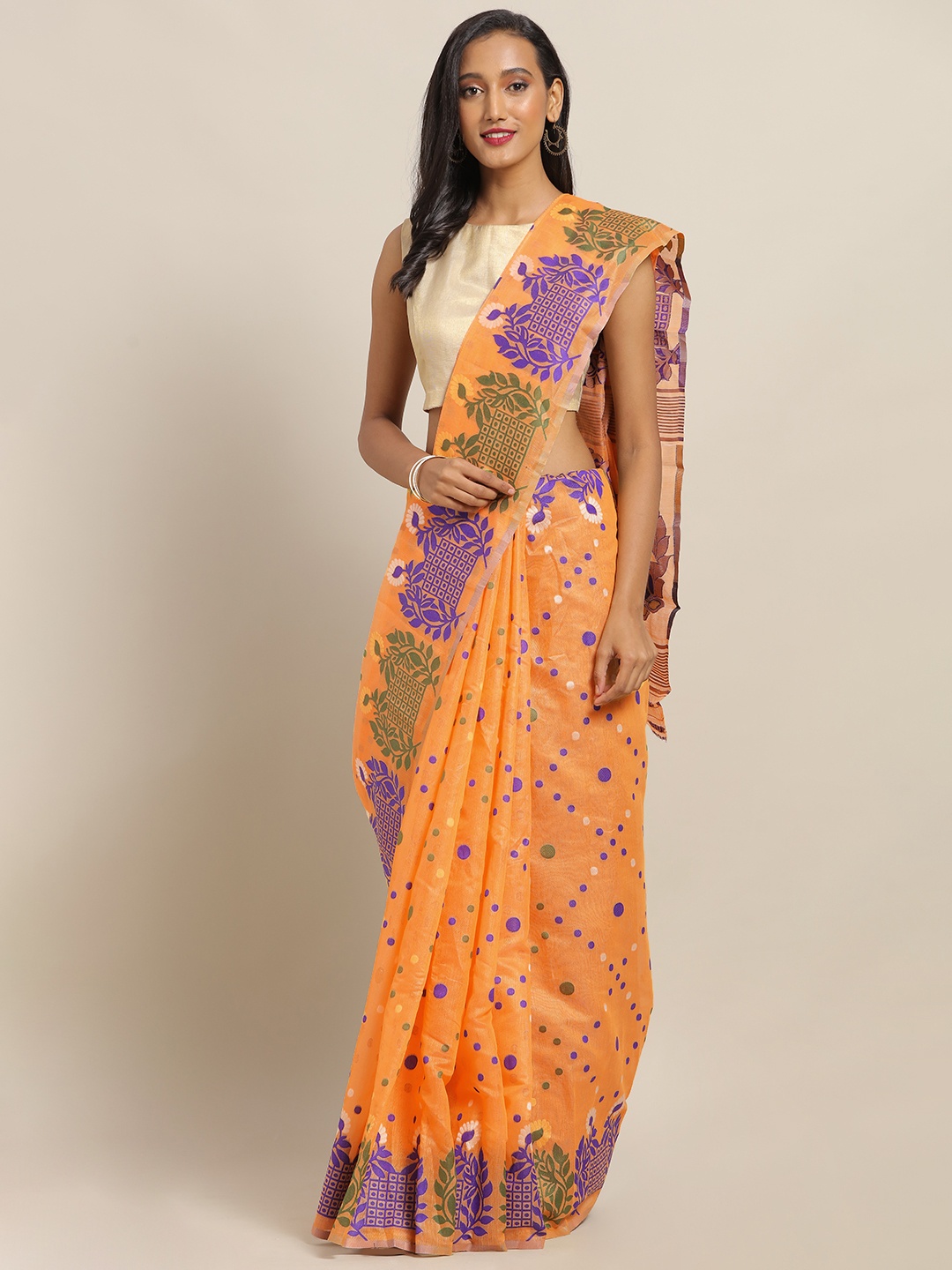 

VASTRANAND Orange & Violet Silk Cotton Printed Jamdani Saree
