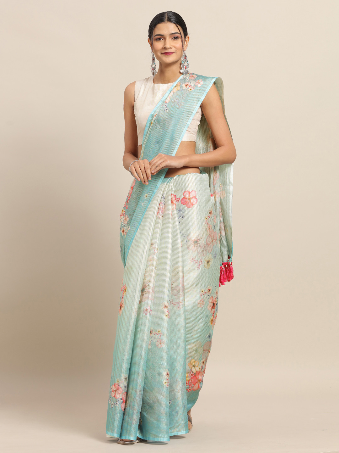 

VASTRANAND Blue & Pink Art Silk Floral Printed Maheshwari Saree