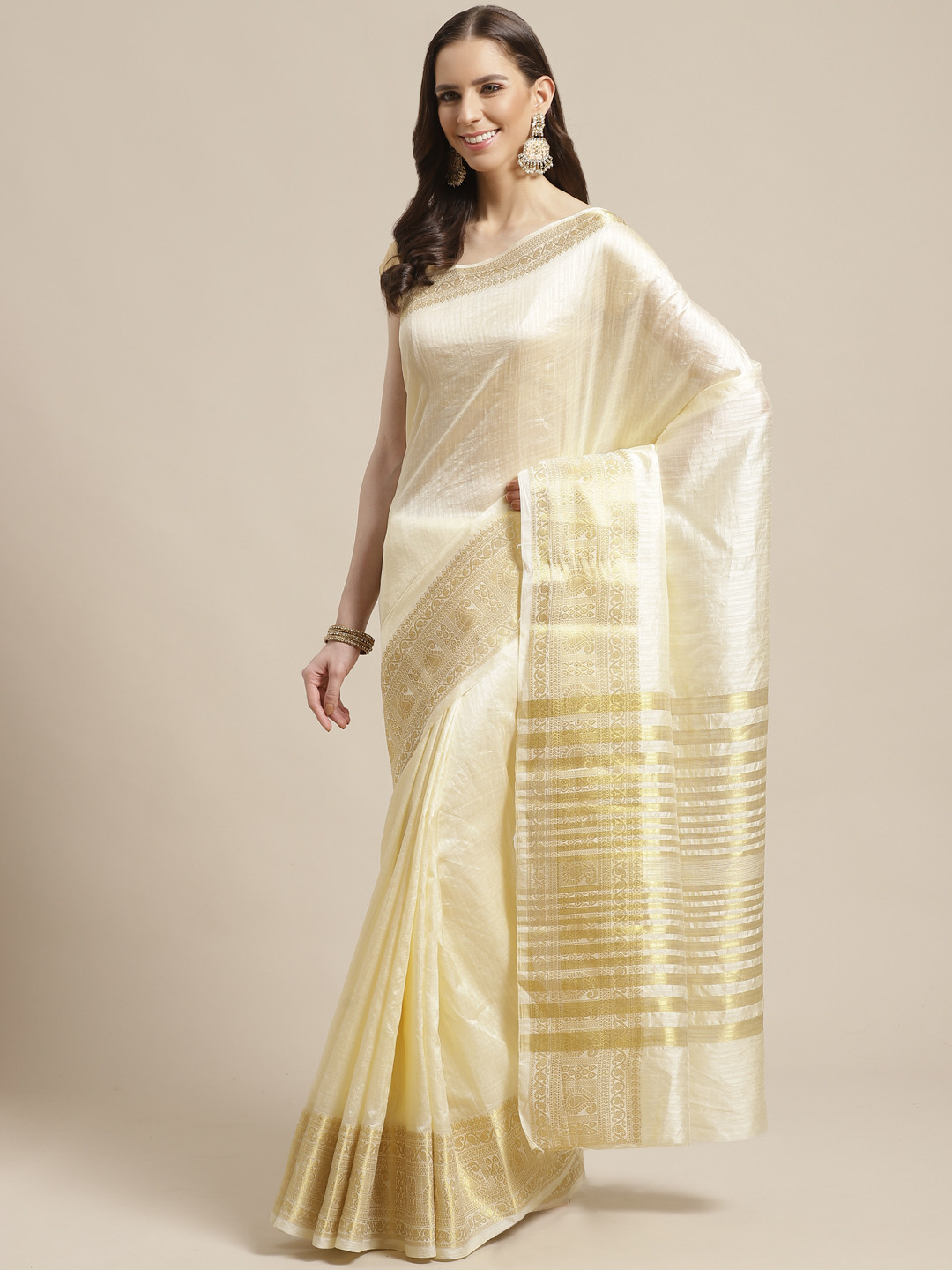 

Shaily Off-White & Golden Solid Saree