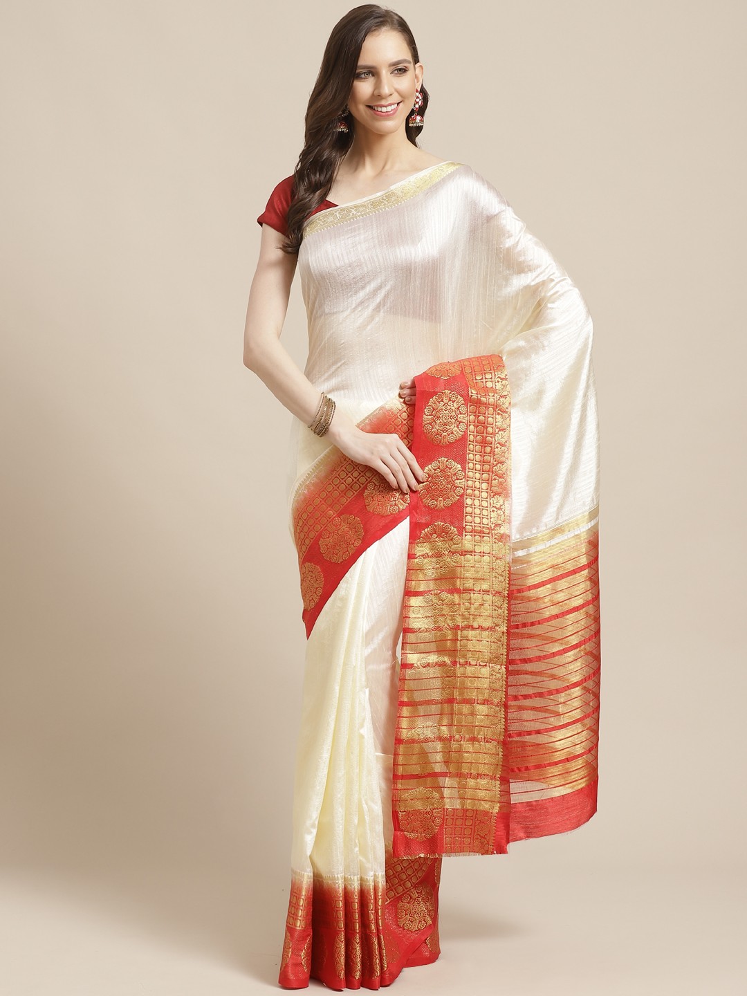 

Shaily Off-White & Red Solid Saree