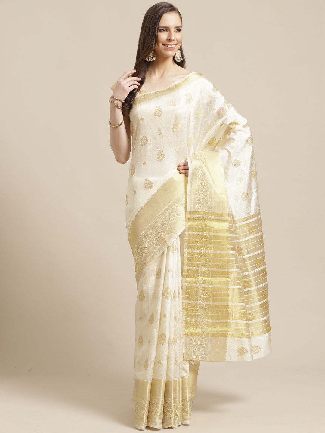 

Shaily Off-White & Golden Ethnic Zari Woven Design Saree