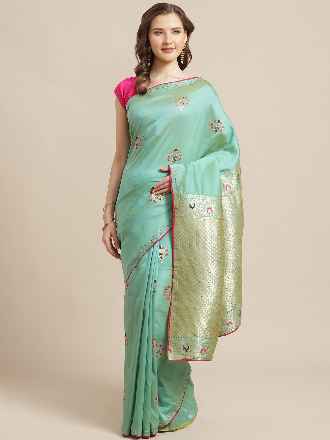 

Shaily Green & Golden Ethnic Zari Woven Design Saree