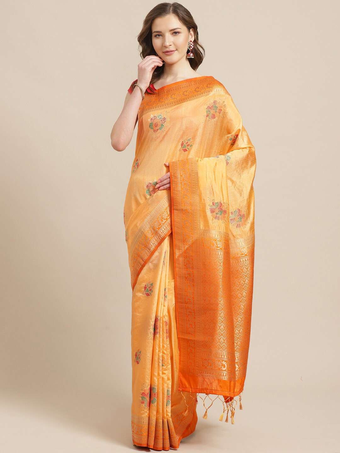 

Shaily Orange & Red Ethnic Woven Design Saree