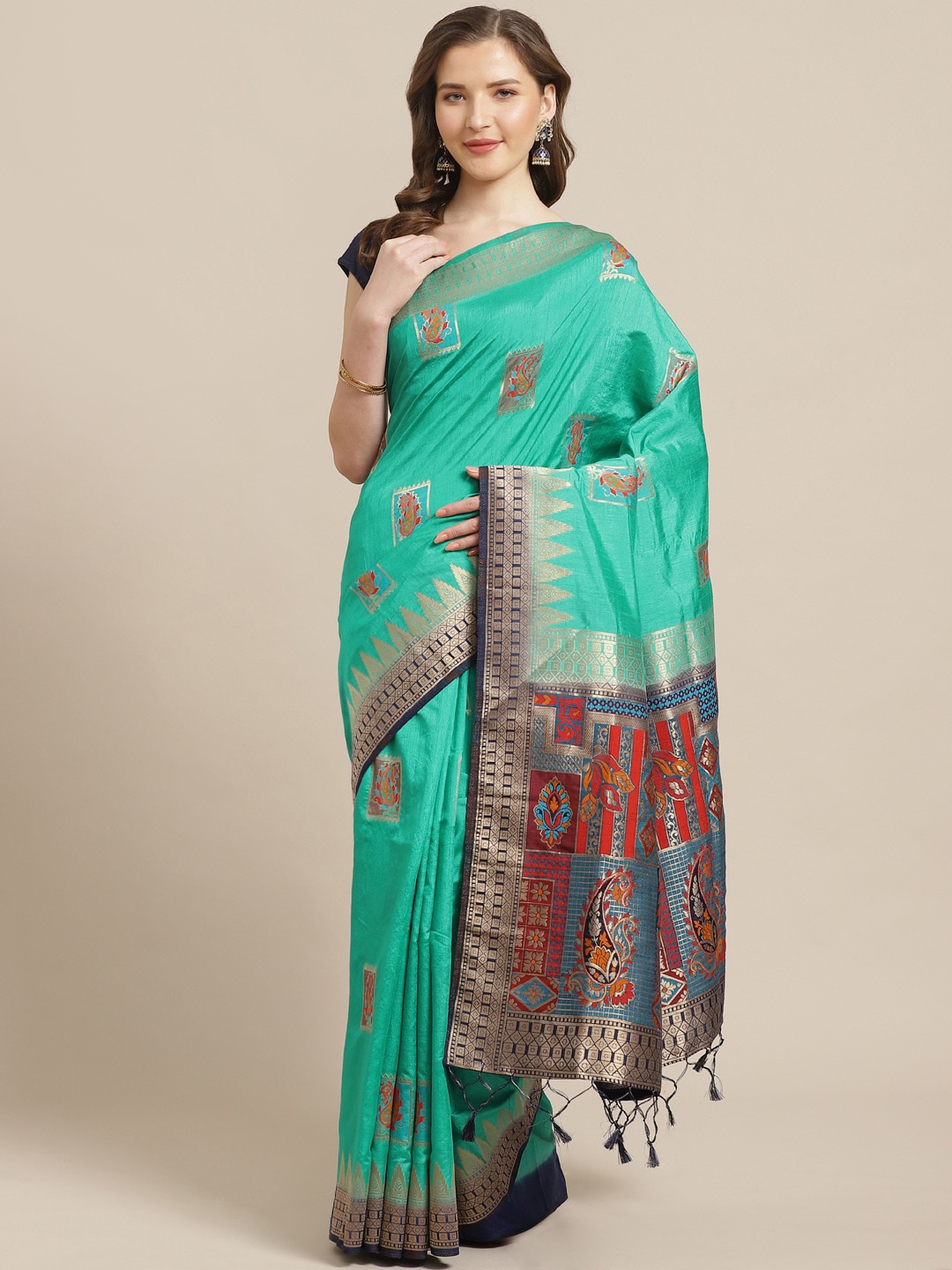 

Shaily Green & Orange Ethnic Woven Design Saree