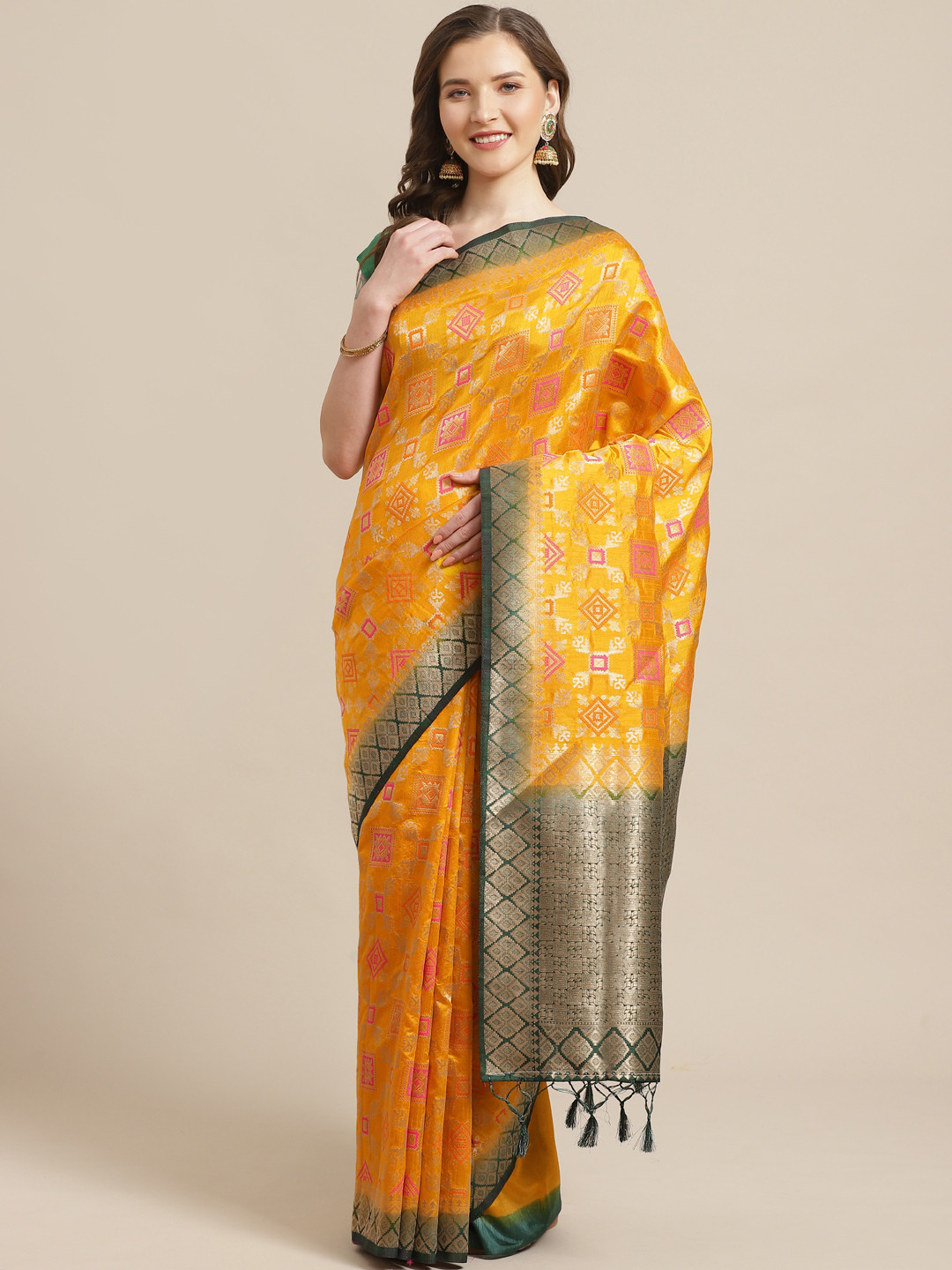 

Shaily Yellow & Pink Zari Woven Design Saree