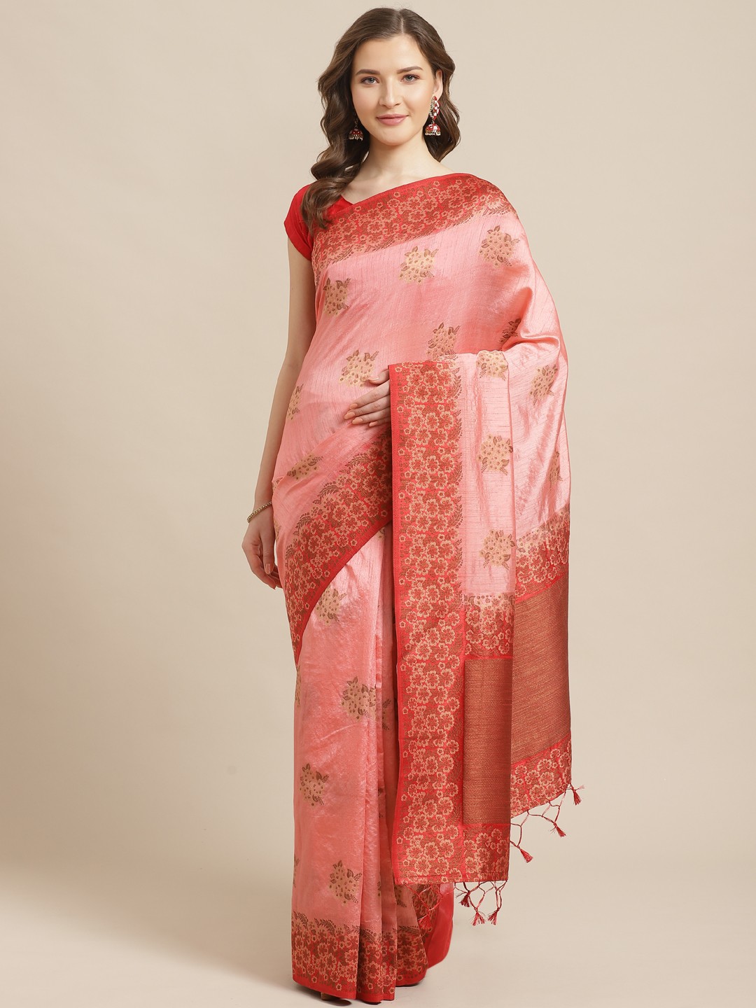 

Shaily Peach-Coloured & Golden Zari Woven Design Saree