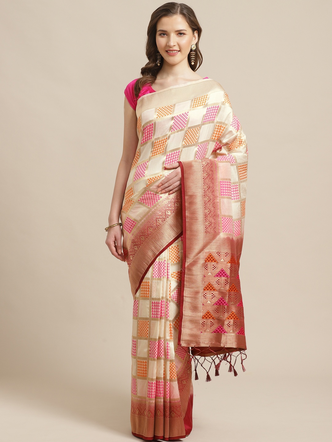 

Shaily Off-White & Pink Checked Saree With Zari Detail