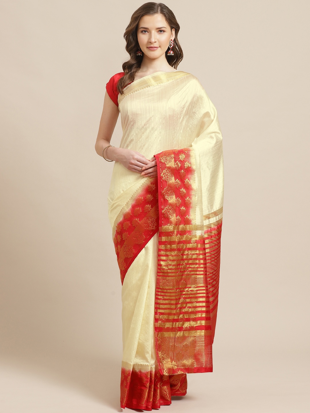 

Shaily Cream-Coloured & Red Solid Saree